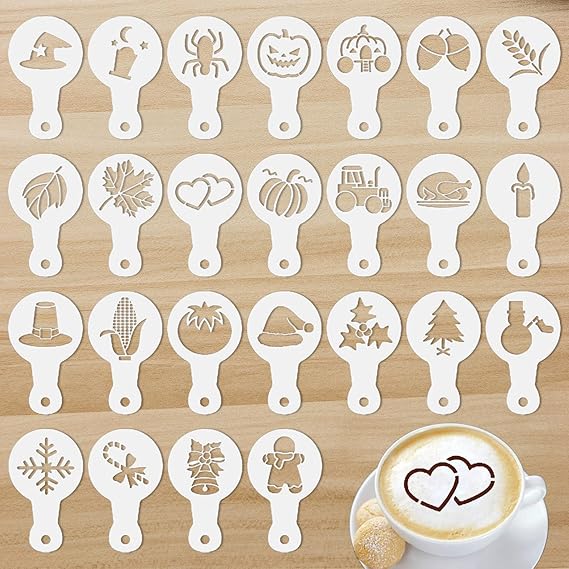 Flylin 25Pcs Plastic Coffee Stencils, Latte Art Mold Templates | Cake frosting paint kit, Reusable cocoa sugar tool, Foam powder creative pattern design, Barista chocolate cooking model