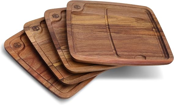 HexClad 4 Pc Bistecca Solid Wood Steak Plate Set | Featuring Channel for Meat Juices, Easily Cleaned, Lightweight and Durable