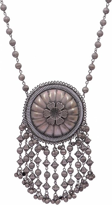 Indian Antique Designer Handmade Silver Oxidized Mirror Ghungroo Bells Tribal Gypsy Statement Long Sweater Necklace Jewelry Women Girls