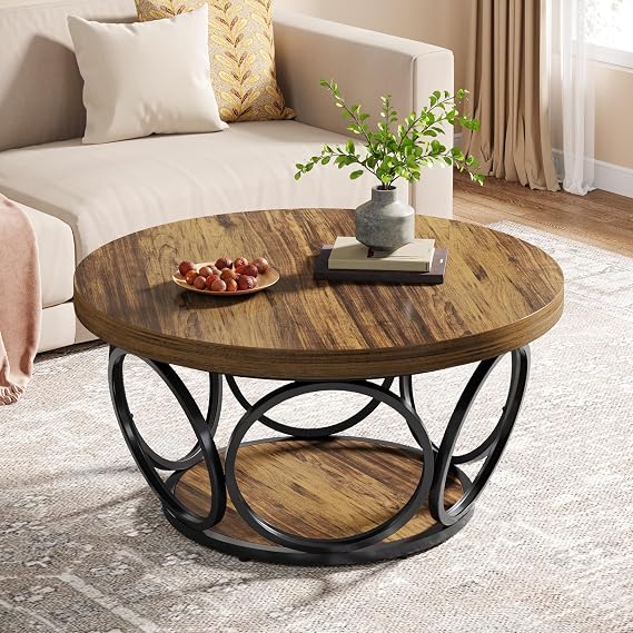 Tribesigns Round Coffee Table,80cm Round Wood Center Table, Farmhouse Large Circle Coffee Tables with 2-Tier Storage, Modern Simple Tea Table (Brown)