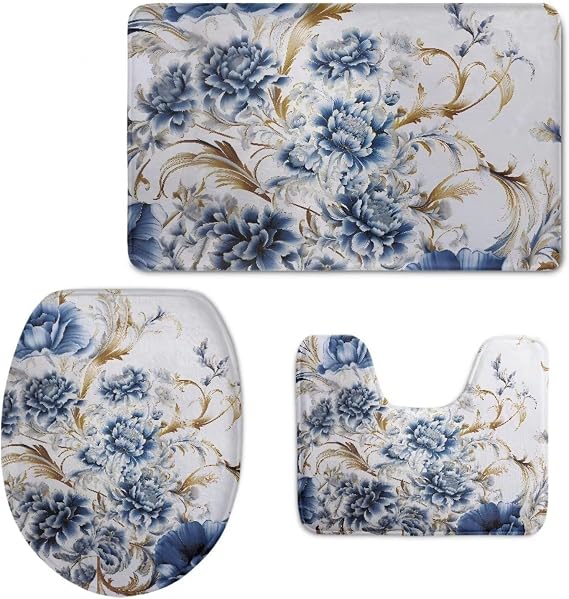 Blue Floral Bathroom Rug Set, Bath Rug +Bathroom Rug + Toilet Seat Cover, Super Soft Microfiber Water Absorbent & Non-Slip Bathroom Rugs with PVC Point Rubber Backing, Machine Washable