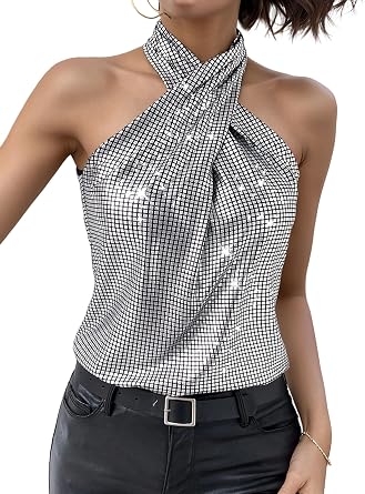 Women's Sexy Sequin Halter Top - Criss Cross Slim Fit Sleeveless Sparkly Party Going Out Crop Top