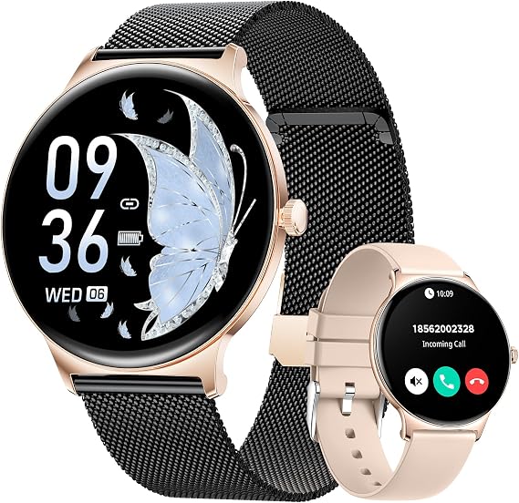 Smart Watches for Women, 1.43" AMOLED Screen Bluetooth Call Smartwatch, 120+ Sports Modes Fitness Tracker, Blood Oxygen Heart Rate Sleep Monitor for Android iOS Black Gold 2026