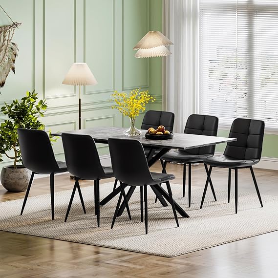 Extendable Dining Table and Chairs Set 6, 120-160cm Concrete Effect Table with 6 Black Upholstered PU Leather Chairs for Dining Room, Kitchen