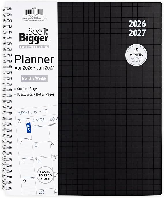 PlanAhead 2026+2027 Planner - 9.75"x11" 15 Month Weekly & Monthly Academic Planner Notebook with Tabs - Black Grid Design - Spiral Calendar Agenda for School, Work & Office