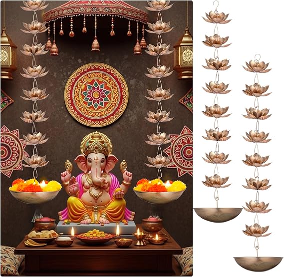 LemonRoad 2 Set Diwali Hanging Urli Bowl with Lotus Diya,Classic Style | Metal Lotus Design, Vintage Gold Finish, for Floating Flowers, Tealights, Mandir, Puja Room, Main Door and Festival Decor