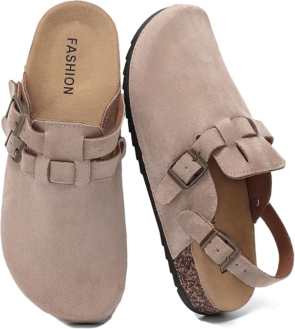 Men's Suede Clogs with Back Strap, Women's Leather Clogs with Arch Support Cork Footbed Slip on Closed Toe Mules with Adjustable Buckle Comfort Potato Shoes