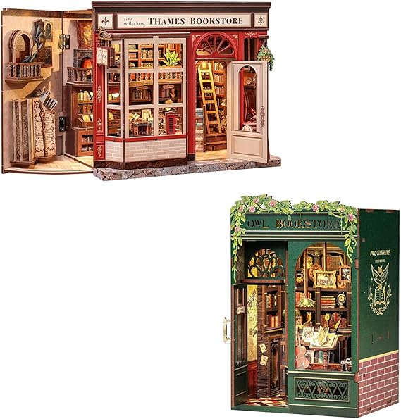 CUTEBEE Book Nook Kit Owl Bookstore DIY Miniature House 3D Wooden Puzzle for Adult and Teens, Booknook Bookshelf Decor Alley Model Build with LED Light, Gifts for Family and Friends