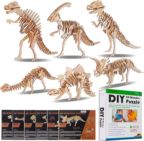 calary 3D Wooden Puzzle Simulation Animal Dinosaur Assembly DIY Model Toy for Kids and Adults,Set of 6