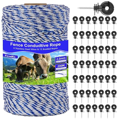 656ft Electric Fence Polywire with 50Pcs Electric Fence Insulators&1 Insulated Sleeve,6 Stainless Steel Strands for Reliable Conductivity&Rust Resistance,Portable Electric Fence Wire Kit for Livestock