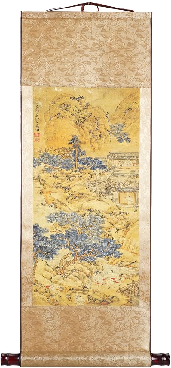 Chiorgone Wen Zhengming  Ming Dynasty Ink Scroll Print: Guests Arriving at Mountain Villa  - Chinese Landscape Art Print, Asian Wall Hanging Decor