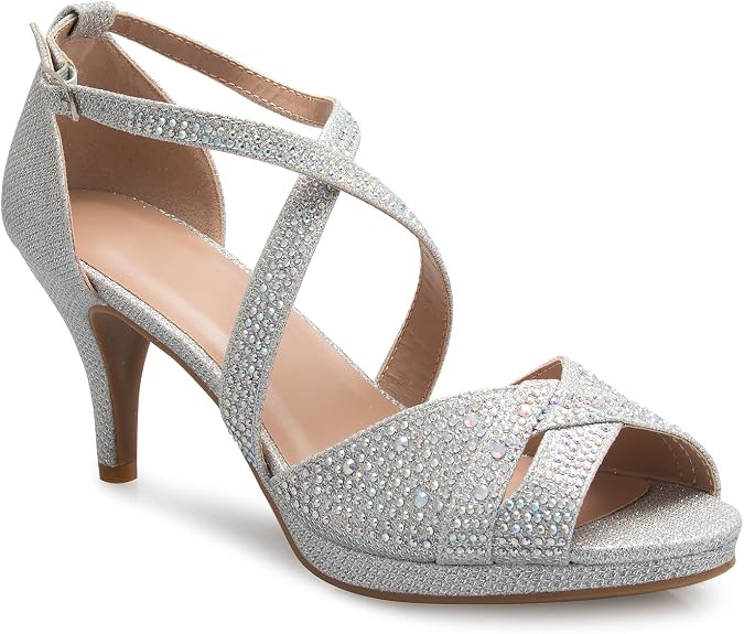 Olivia K Women's Sexy Strappy Glitter Rhinestone Open Toe Heel Sandals - Adjustable buckle