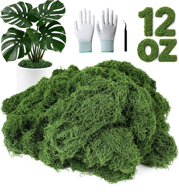 MGLIFEUL 12OZ Artificial Fake Moss for Crafts Plants Indoor with Non-Stick Gloves and Tweezers,Preserved Green Plant Faux Craft Moss Musgo for Fairy Garden Indoor Outdoor Home Decorating Model Making