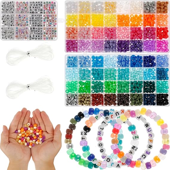 Alongen 1977Pcs Pony Beads Kit for Bracelet Making 64 Colors 9mm Kandi Beads Set Plastic Pony Bulk with 375pcs Letter Elastic String DIY Bracelets Jewelry for Bracelets Necklace
