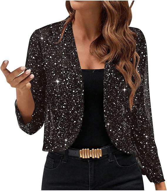 Womens Sequin Jacket Sparkly Glitter Open Front Cropped Blazer Lightweight Long Sleeve Jacket