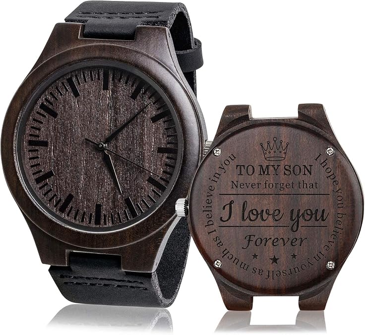 Personalized Engraved Men Natural Wood Watches for Son with Leather Strap Band Customized Stylish Classic Unique Birthday Christmas Day Graduation Gifts from Mom