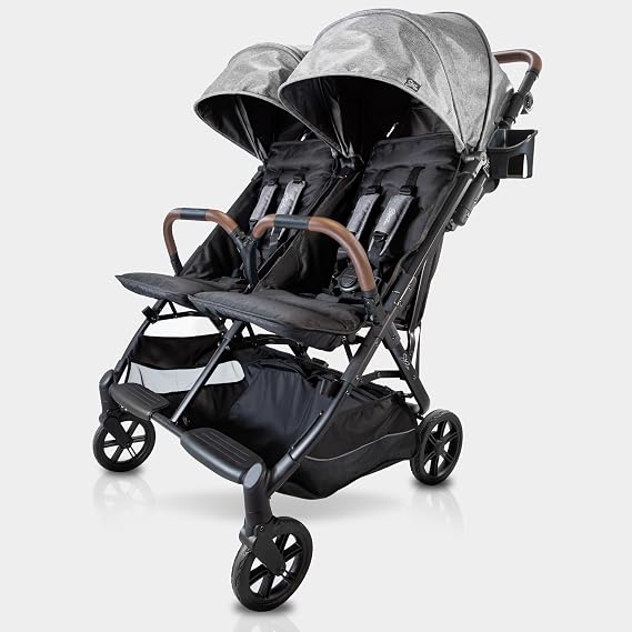 Strolee Lightweight Double Side by Side Stroller for Travel - 22 Lbs, 9.5" Compact Fold, Infant to Toddler, No Rethread Harness, Magnetic Buckle & Ultra Plush Seat 60Lb Max Per Seat- (v2 Shadow)