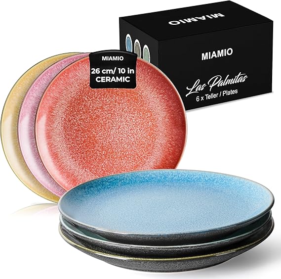 MIAMIO Set of 6, Dinner Plates, Ceramic Plates, Kitchen plates, Plate Sets Microwave Safe Plates, Oven and Dishwasher Safe Las Palmitas Collection