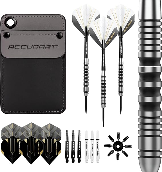 Accudart Steel Tip Dart Set 7.0 85% Tungsten Barrels, DeepGroove Grip Rings, Polycarbonate Shafts (40mm & 41mm), Standard Flights, Pocket Wallet Storage Precision 22g Darts