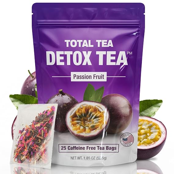 Total Tea Slimming Detox Caffeine Free Natural Passion Fruit Tea | 25 Day Herbal Chamomile Hibiscus Ginger Root Colon Cleanse For Weight Loss Belly Fat Bloating