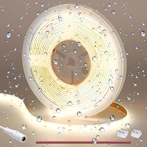 GOMING 12V COB LED Strip Light Natural White 4000K IP65 Waterproof 16.4ft | 5M 1560LEDs CRI 93+ Uniform Glow Flexible LED Tape Lights for DIY Bedroom Kitchen Home Decor(Power Supply not Included)