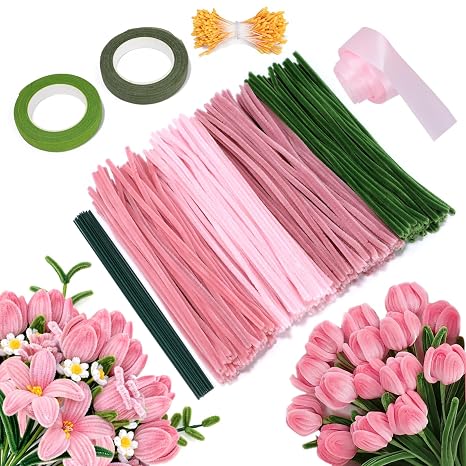 Pipe Cleaners for Craft Flowers 300 PCS, Chenille Stems Flower Making Kit | Includes 20 Flower Stems, 160 Stamens, 2 Floral Tape Rolls and 1 Ribbon for Bouquets, DIY Crafts and Handmade Gifts