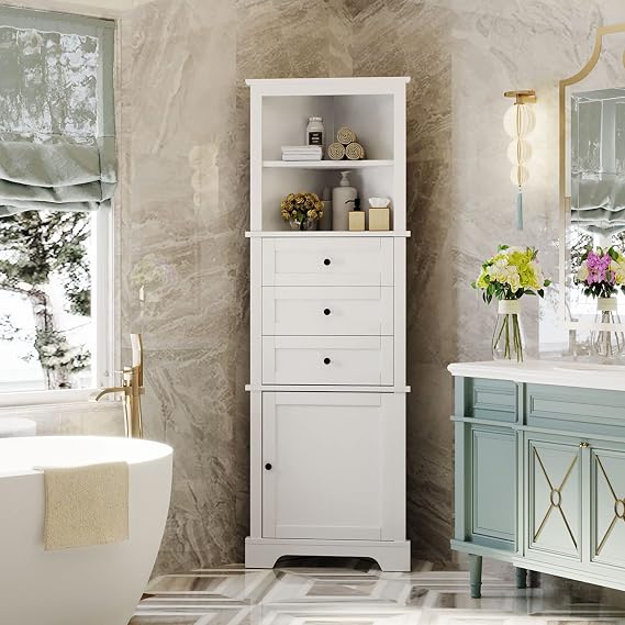 Corner Cabinet, Tall Bathroom Storage with Adjustable Shelves | Tall corner cabinet, triangle shape fits compact spaces, ideal for bathroom, kitchen, living room, or dining room