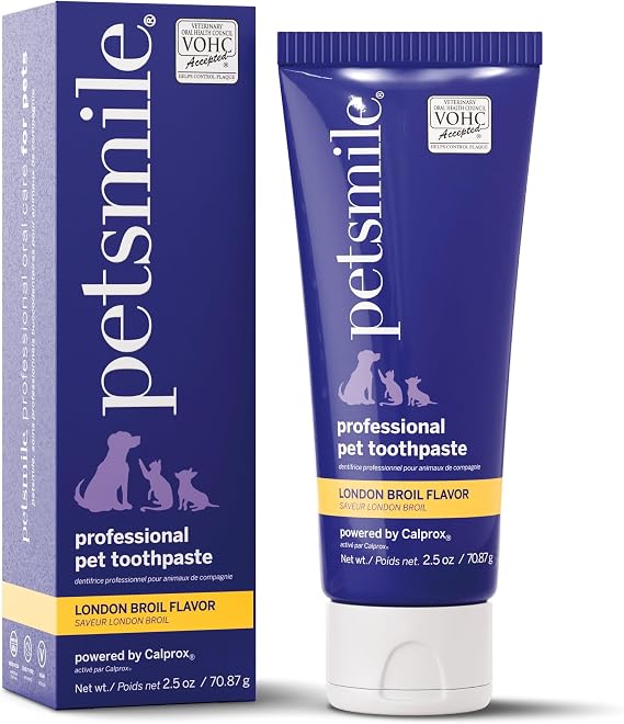 Petsmile VOHC Accepted Pet Toothpaste, London Broil 2.5 Oz, Cats + Dogs | VOHC Accepted, Calprox Powered, Fights Plaque + Tartar, No-Brush Required, Human-Grade, 4-Month Supply, Clinically Proven