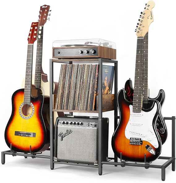 Bikoney Guitar Stand for 4 Guitars - Acoustic, Electric, Bass & Ukulele Floor Rack with 2 Wood Shelves for Amp Holder, Vinyl Records & Media Storage - Adjustable Multi Guitar Display Stand for Music Studio Home (Patent)