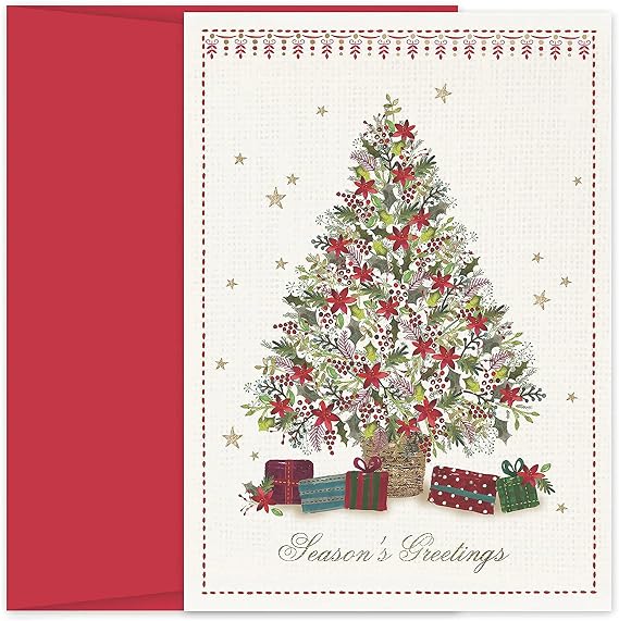 Masterpiece Studios 16-Count Hollyville Cards in Keepsake Box, Poinsettia Christmas Tree, 5.6" x 7.8" (938700)