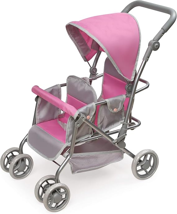 Badger Basket Double Doll Stroller with Storage Basket - Pink/Grey | Double stroller fits up to 20" dolls; adjustable handle, swivel wheels, storage basket, seat belts & padded handle.