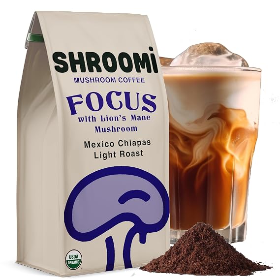 Shroomi Award-Winning Mushroom Focus Coffee - 16,000mg Lions Mane Blend | Organic Brain Coffee Ground with Reishi and Chaga | Mental Clarity and Calm Energy | Light Roast for Creative Flow | 10oz