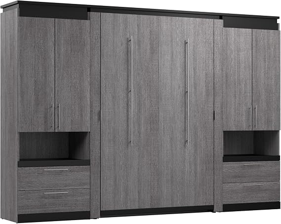 Bestar Orion Full Murphy Bed with Storage Cabinets and Pull-Out Shelf (120W) in Bark Grey and Graphite, Sleeping Arrangement with Shelves