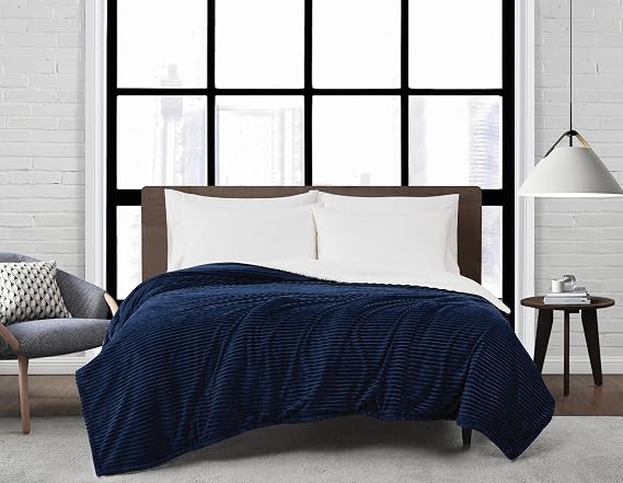London Fog Corduroy Blue Full/Queen Blanket, Textured Solid Color, Adult Bedding, Oeko-TEX Certified