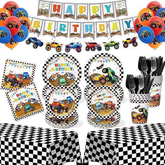 183Pcs Monster Truck Party Supplies, Monster Truck Party Supplies Include Plates and Napkins, Serves 26