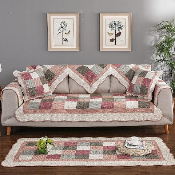vctops Boho Floral Patchwork Sofa Cover, Cotton Quilted Sectional Couch Covers, Non-Slip Soft Sofa Slipcover for Dogs Cats Pet Love Seat Recliner Leather L Shaped, Armrest Backrest Cover(Pink,28"x28")