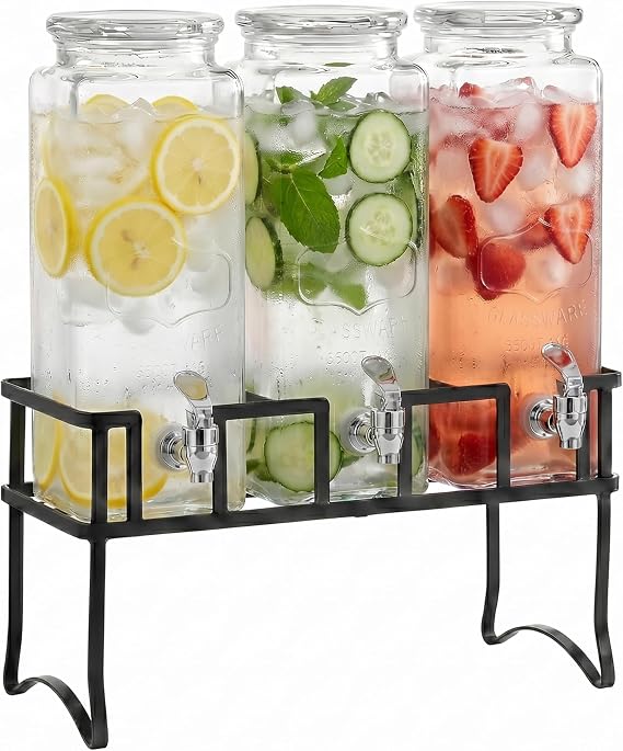 Circleware Triple XL Tall Yorkshire Beverage Drink Dispensers with Black Lids and Black Metal Stand, 2.3 L, Clear