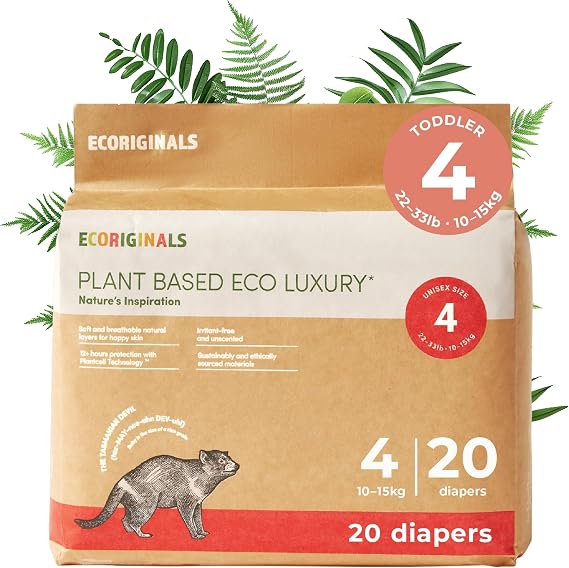 Ecoriginals - 20 Eco Toddler Diapers - 100% Plant-Based Layers, Disposable & Hypoallergenic Baby Essentials for Kids - Secure Fit Size 4 Diapers (22-33 lbs), 1 Pack