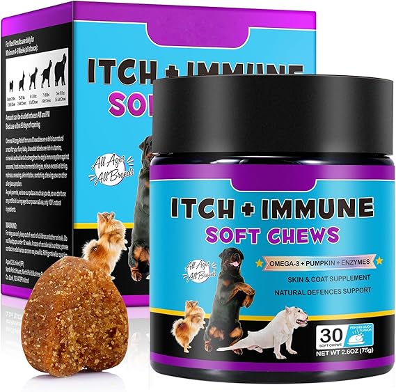 Dog Allergy Immune Chews, 30 Pcs Skin & Coat Supplement for Dogs with Omega-3, Pumpkin & Enzymes - Supports Normal Itchy and Immune Function Soft Chews for Itchy Skin - Peking Duck Flavor
