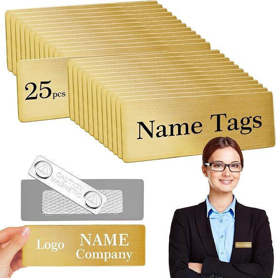 25 Pack Blank Magnetic Name Tags 304 Stainless Steel Durable DIY ID Name Badges Kit with Personalized Strong Magnet Office School Supplies 1 X 2.8 Gold