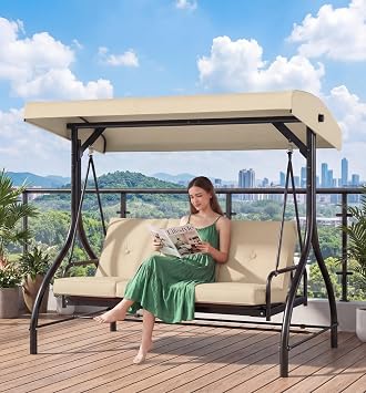 MAMIZO 3-Seat Patio Swing with Adjustable Canopy & Backrest, Outdoor Porch Swing Chair for Adults, Outside Porch Converting Bed Thickened Removable Cushions, 2mm Steel Pipe, for Garden, 750LBS (Beige)