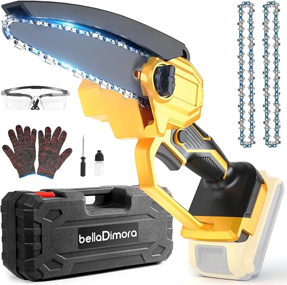 bellaDimora Cordless 6-Inch Mini Chainsaw for DeWalt 20V MAX Battery | Pure Copper Motor 17000 RPM, One-Handed, Cuts 6-Inch Branches, Dual Safety - Tree Trimming & Yard (No Battery)