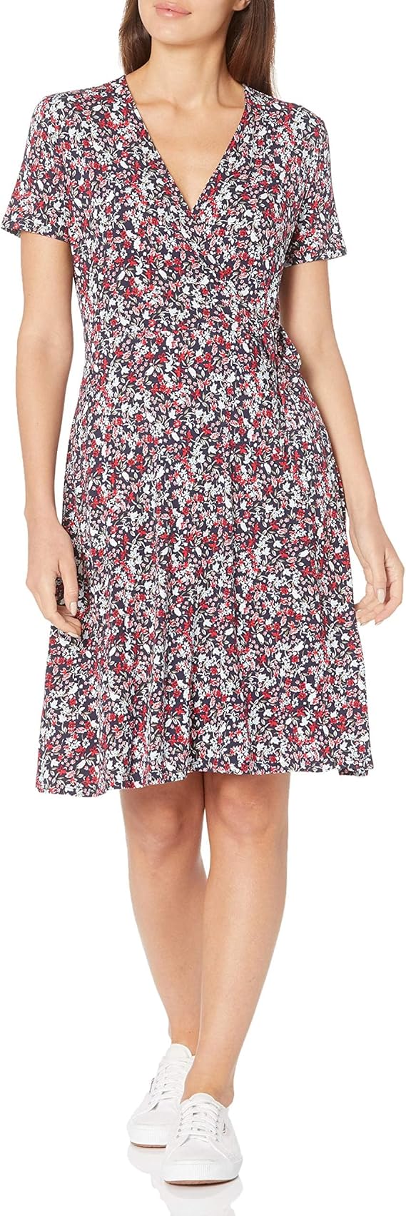 Amazon Essentials Women's Short Sleeve Faux-Wrap V Neck Dress