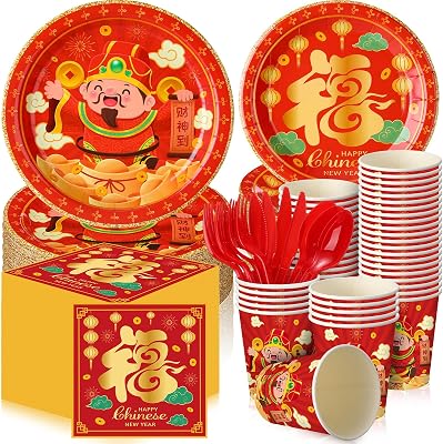 Domensi 180 Pcs Chinese New Year Party Supplies 2026 Plates Napkins Cups Serve 30 Happy New Year Party Disposable Paper Dinner Dessert Plates Lunar Years Paper Napkins Cups Plastic Cutlery SetFunny