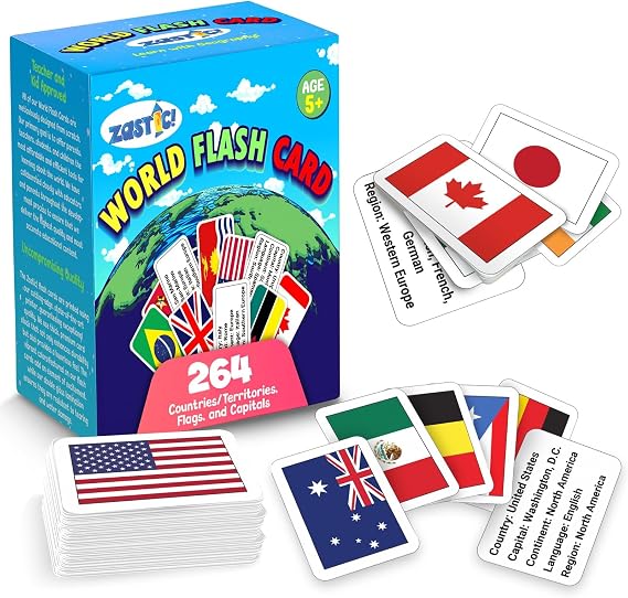 Zastic! 264 World Country Flags Flashcards - Capital, Languages & Continent | 264 World Flags Flash cards with Capitals, Languages & Continents - Gloss Laminated Students Geography Flash Cards