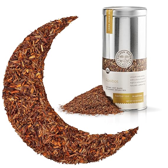 Golden Moon Organic Rooibos Tea Travel Tin 30 Servings Caffeine Free | Organic South African rooibos naturally caffeine-free, full-bodied, low tannin. Airtight travel tin, 30 servings.
