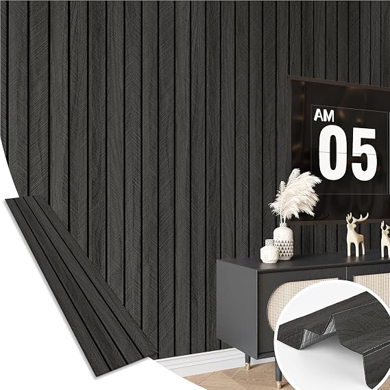 Wood Slat Shiplap Wall Panel Grey Black 3D Wood Panels for Wall | Removable Peel and Stick Wallpaper Acoustic Wooden Slat Wallpaper for Bedroom Cabinet Backsplash TV Background Ceiling Decor