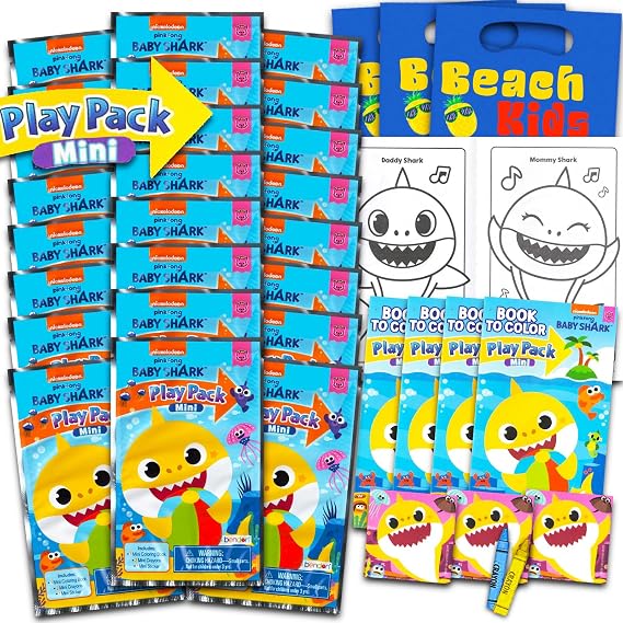 Baby Shark Party Favors for Kids Bundle - 24 Mini Activity Packs | Baby Shark Mini Play Packs with Coloring Books, Stickers, Goodie Bags, More | Bulk Baby Shark Birthday Party Supplies