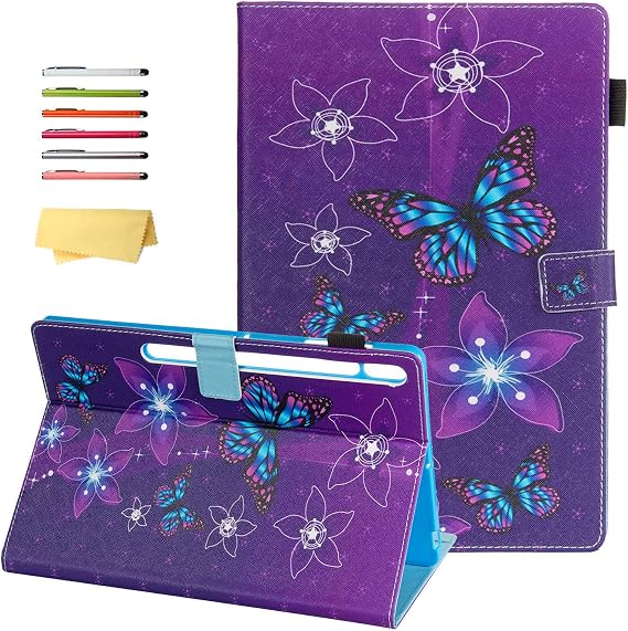 Case for Samsung Galaxy Tab S8 Plus/S8+ 12.4"/S7 FE 12.4"/S7 Plus 12.4" (SM-X800/X806/T730/T733/T736/T738/T970/T975/T976) Pencil Holder Auto Sleep/Wake Stand Cover, Purple Flower Butterfly