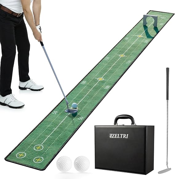 Putting Game,Golf Putting Mat with Three-Track,Indoor Green Putting Game Set, Anti-Slip Backing Golf Putting Green Include 1 Club, 2 Balls, 1 Gate, 1 Portable Storage Box for Indoor/Outdoor